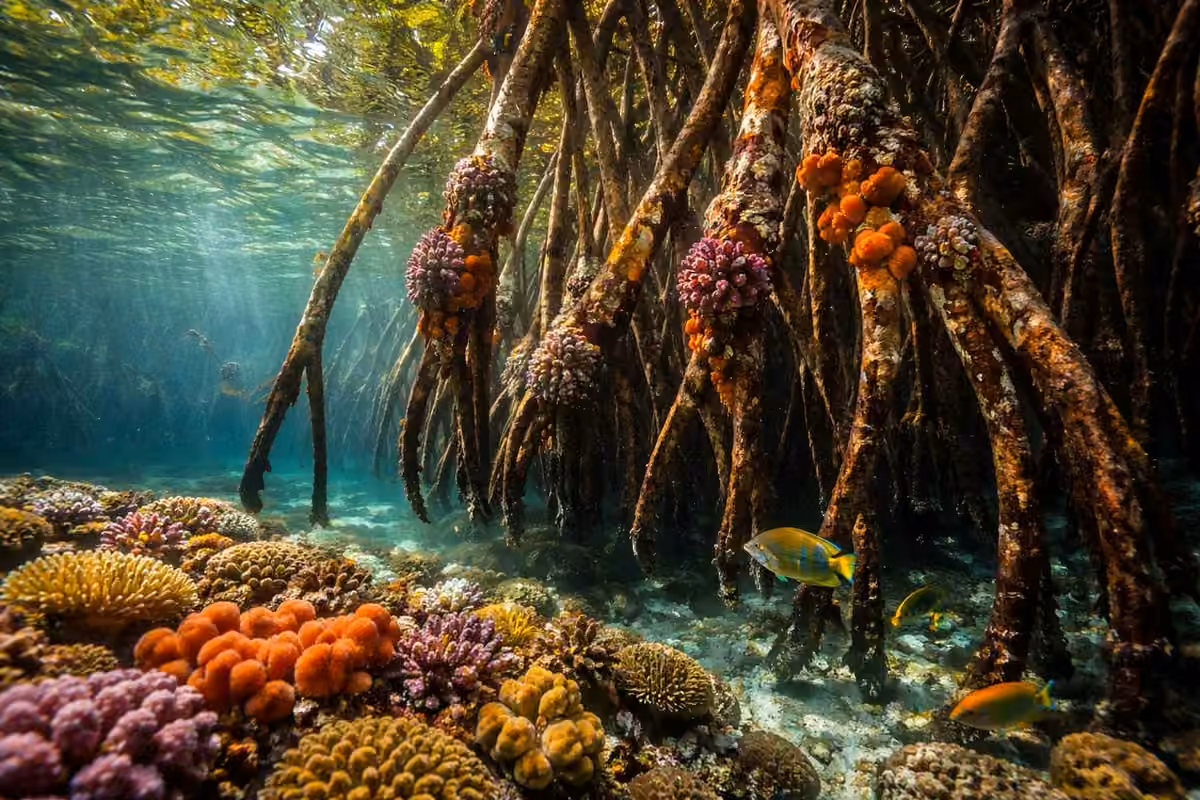 Mangrove root systems along a coastline